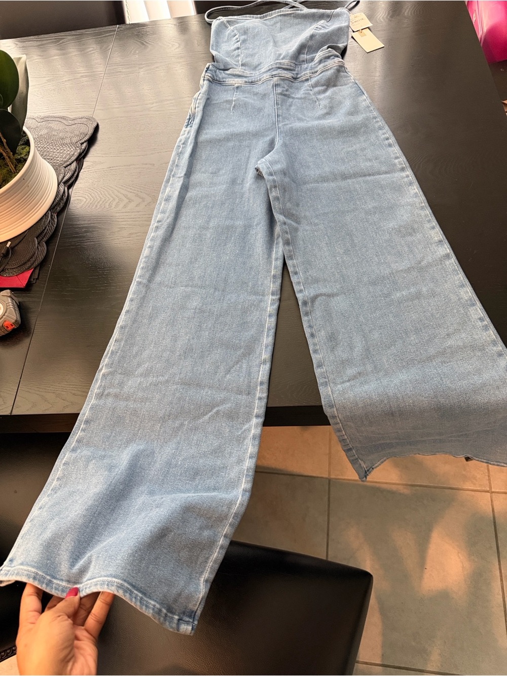 Good American Light Blue Lace-Up Back Wide Leg Denim Jumpsuit - Picture 2 of 7